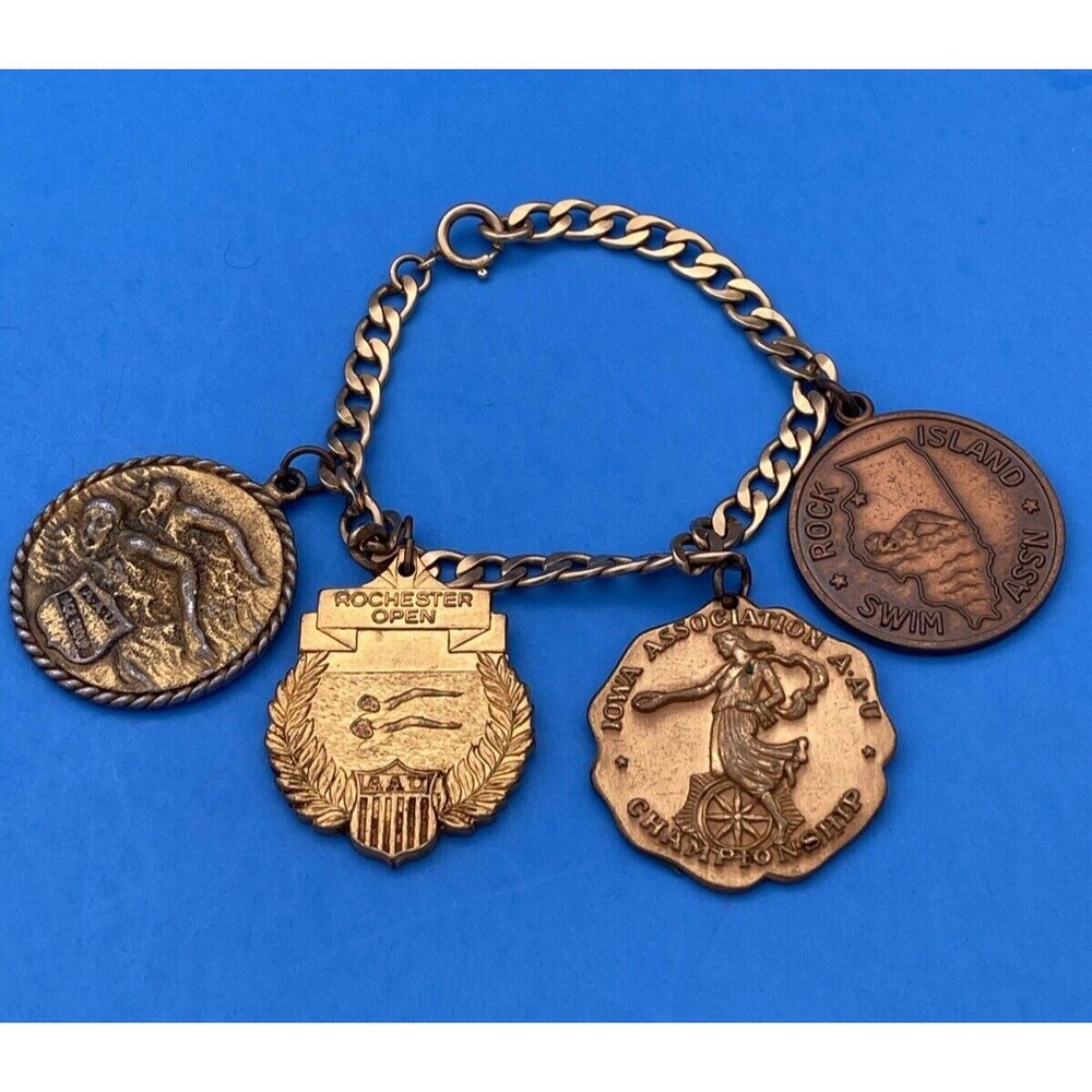 Rare 1960s AAU Swimming Bracelet with 4 Championship Medals – GF 12k Bracelet